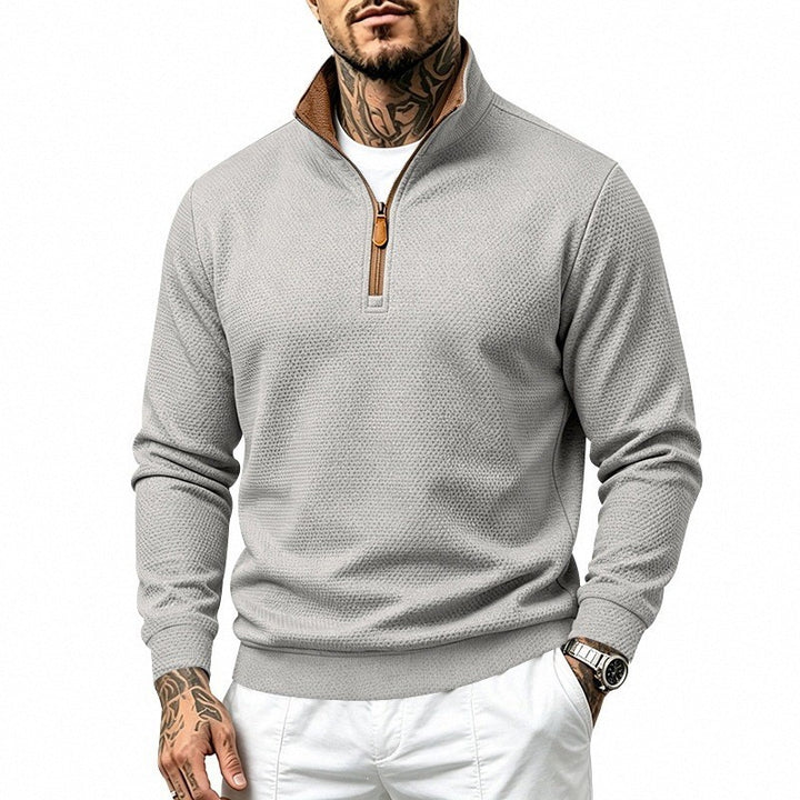 Men's Texture Half-Zip Pullover with Stand Collar and Contrast Inner Collar Mune Fashion