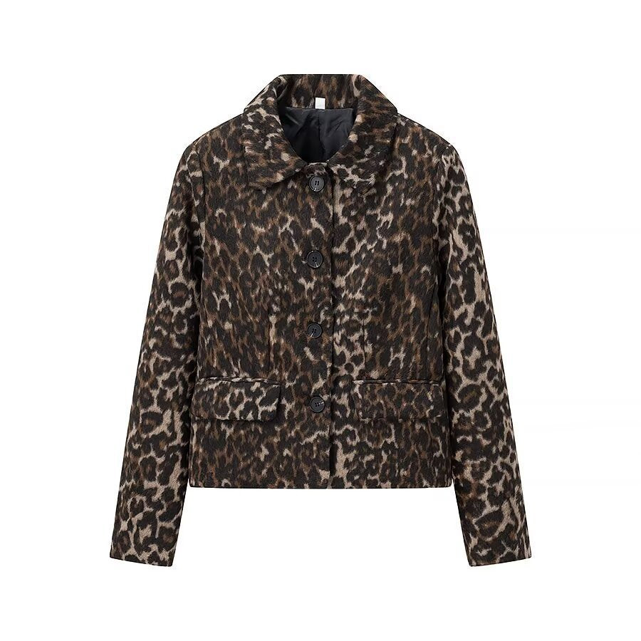 Women's Boxy Short Jacket with Leopard Print, Shirt Collar and Patch Pockets Mune Fashion