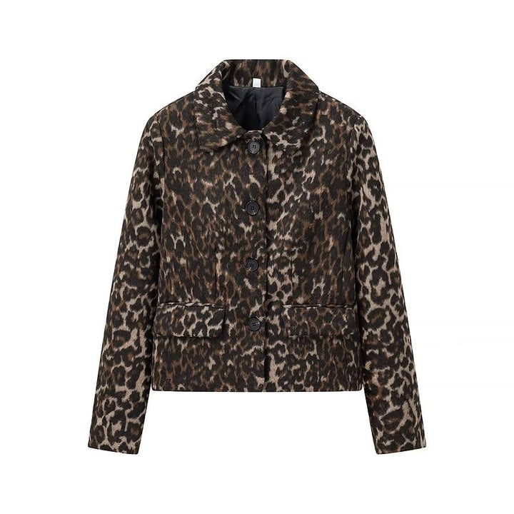 Women's Boxy Short Jacket with Leopard Print, Shirt Collar and Patch Pockets Mune Fashion