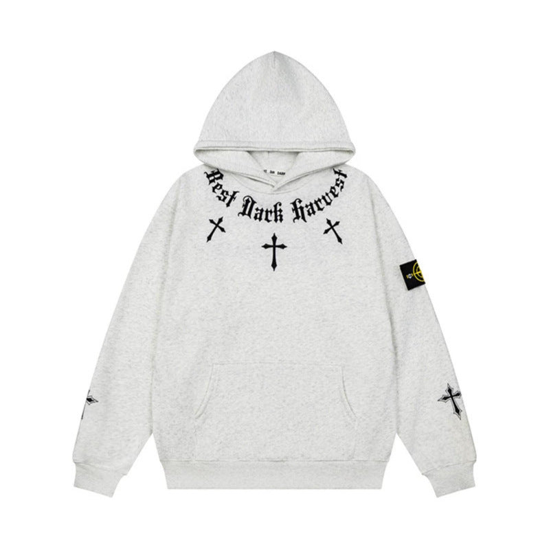 Unisex Oversize Hoodie with Gothic Cross Print, Kangaroo Pocket and Ribbed Cuffs Mune Fashion