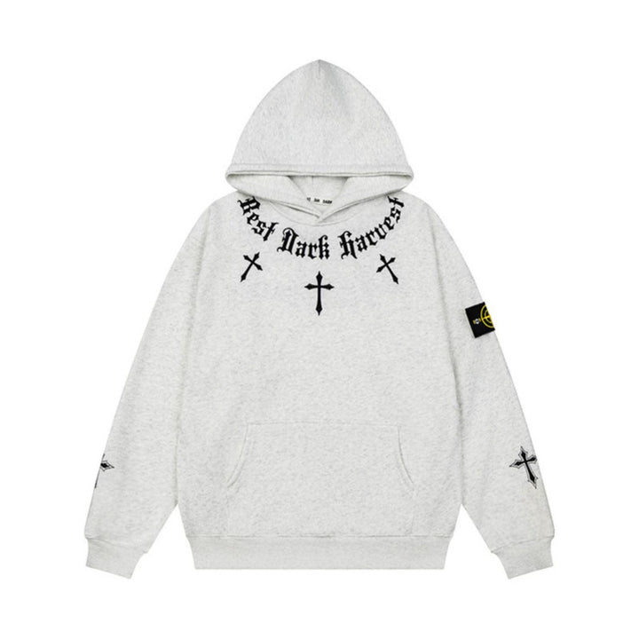Unisex Oversize Hoodie with Gothic Cross Print, Kangaroo Pocket and Ribbed Cuffs Mune Fashion