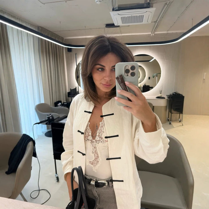 Women's Oversize Boxy Jacket with Toggle Closures and Mandarin Collar Mune Fashion