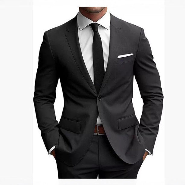 Men's fitted one-button suit set with notched lapels, French flap pockets, and slight stretch content Mune Fashion