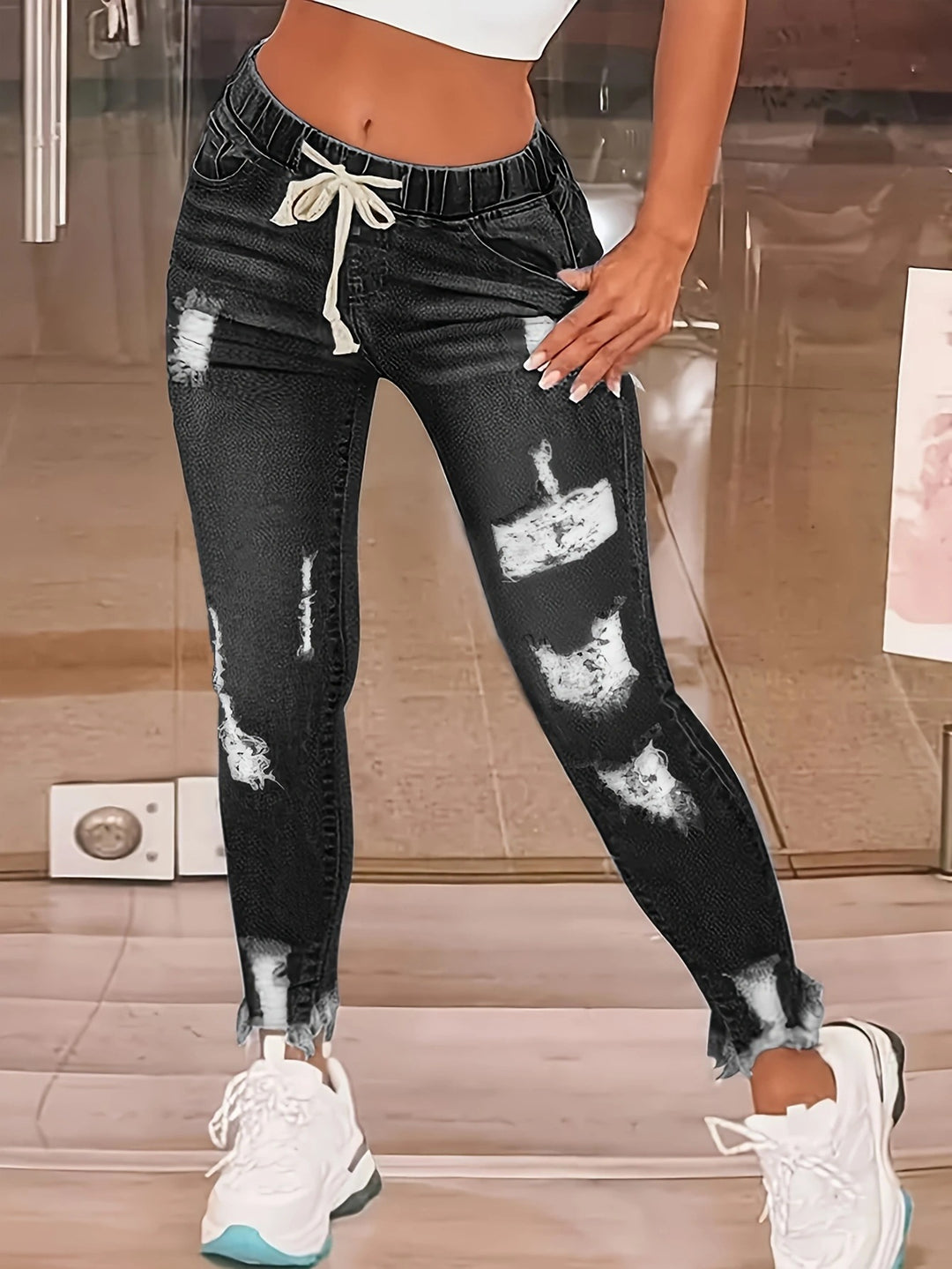 Women's Distressed High-Waist Jogger Jeans with Elastic Waistband, Drawstring and Frayed Ankle Hems Mune Fashion
