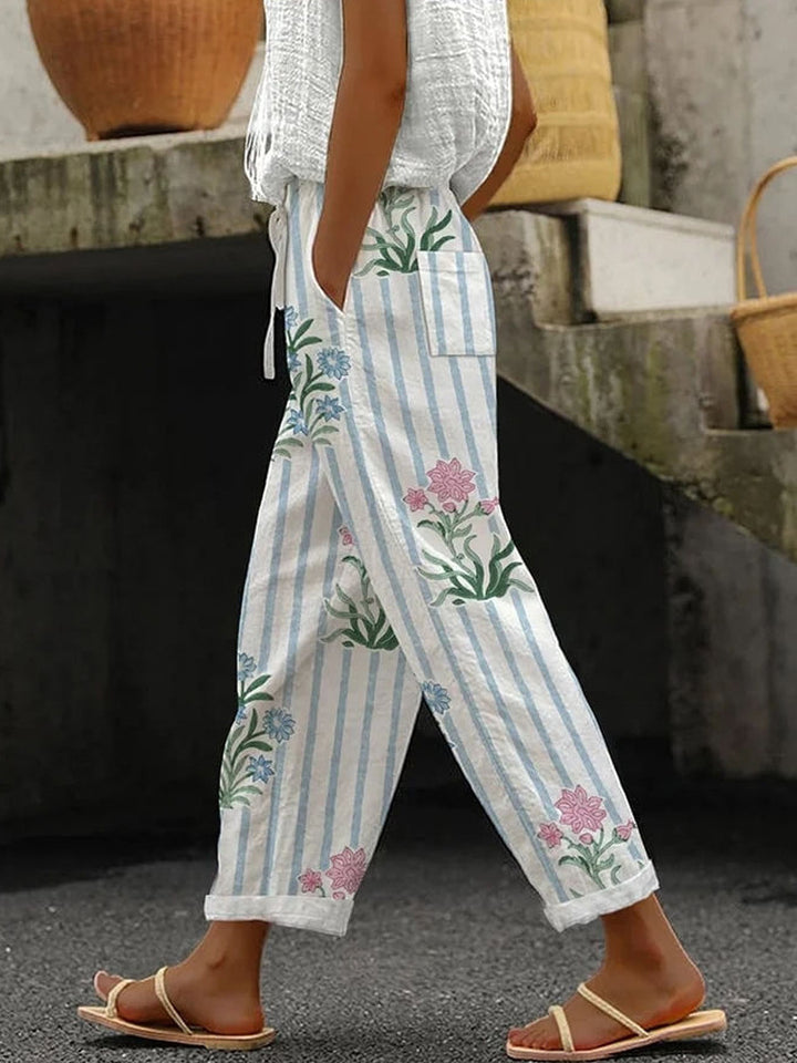 Women's Wide Linen Pants with Striped Pattern Mune Fashion