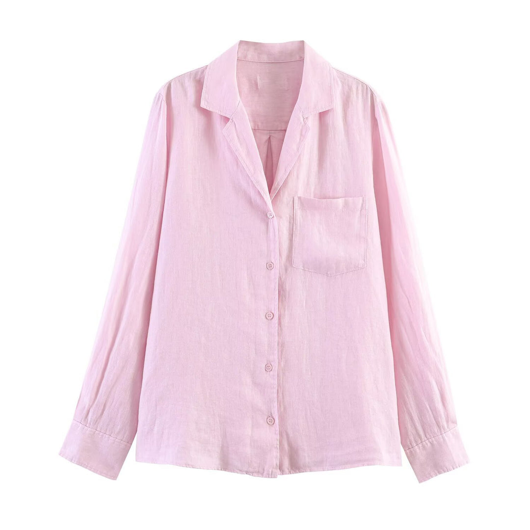 Women's Lightweight Linen Blouse with Shirt Collar, Chest Pocket and Loose Oversized Silhouette Mune Fashion