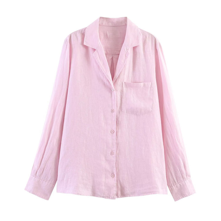 Women's Lightweight Linen Blouse with Shirt Collar, Chest Pocket and Loose Oversized Silhouette Mune Fashion