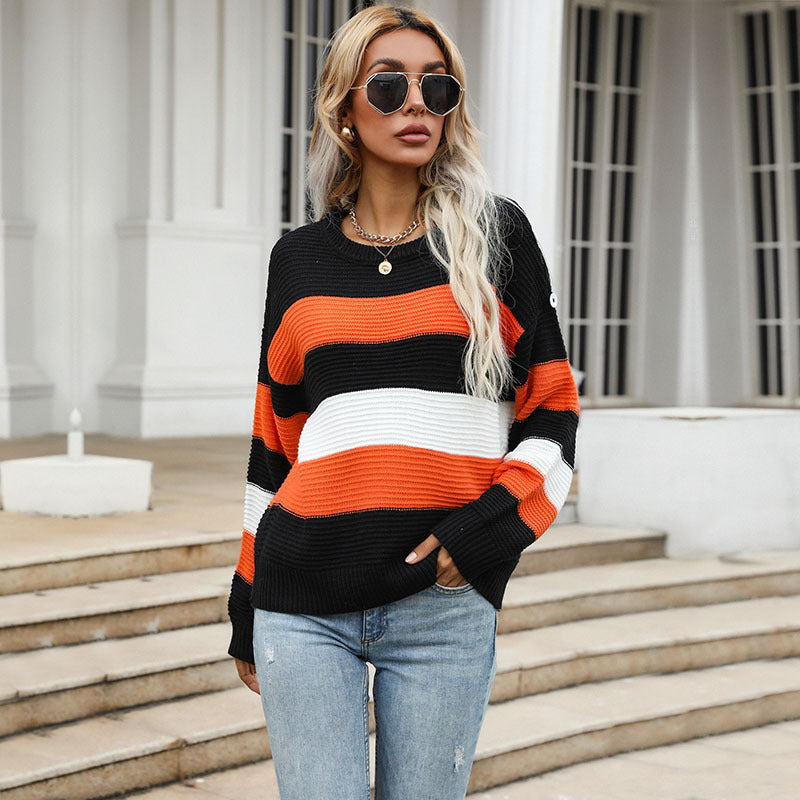 Women's Wide Striped Knit Sweater in Fisherman Look with Ribbed Texture and Dropped Shoulder Mune Fashion