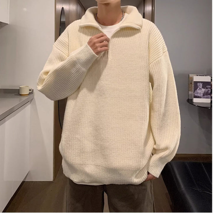 Men's Soft Oversized Ribbed Knit Sweater with Concealed Half Zip and Polo Collar Mune Fashion