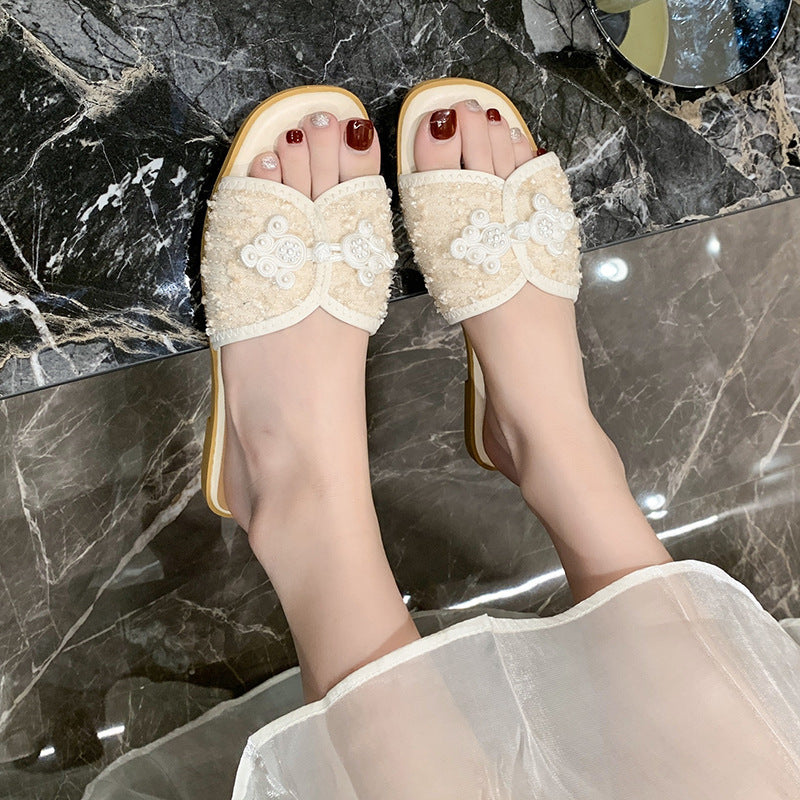 Women's elegant mule with square toe section bouclé upper material and pearl embellishment Mune Fashion