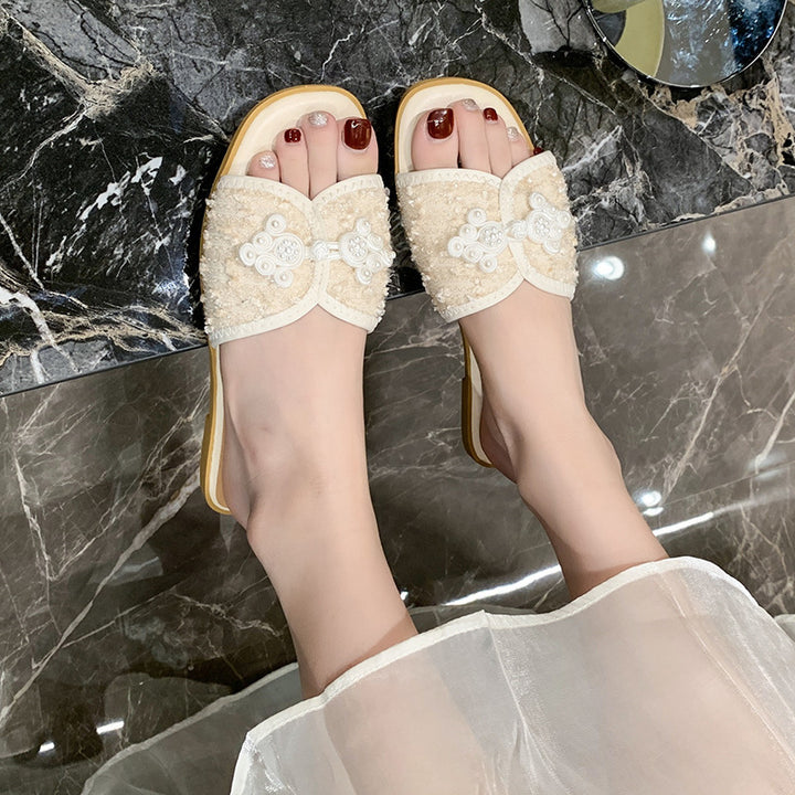 Women's elegant mule with square toe section bouclé upper material and pearl embellishment Mune Fashion