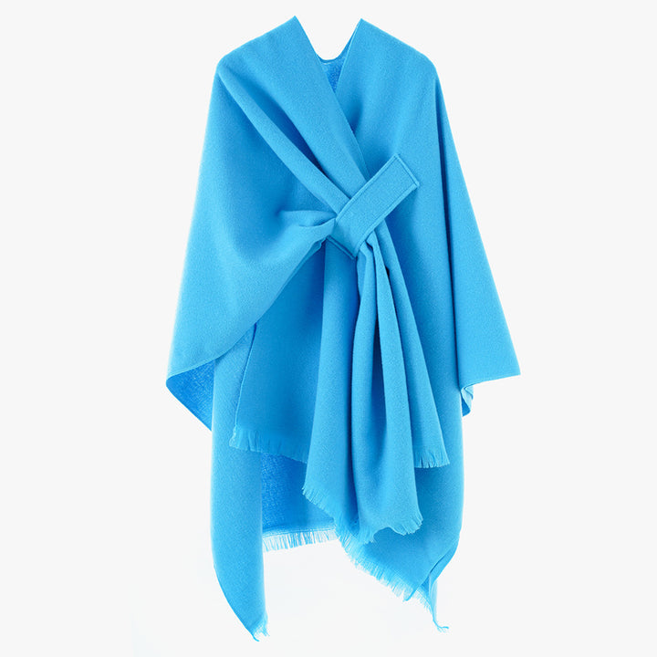 Women's lightweight wool blend wrap with fringes and tie belt Mune Fashion
