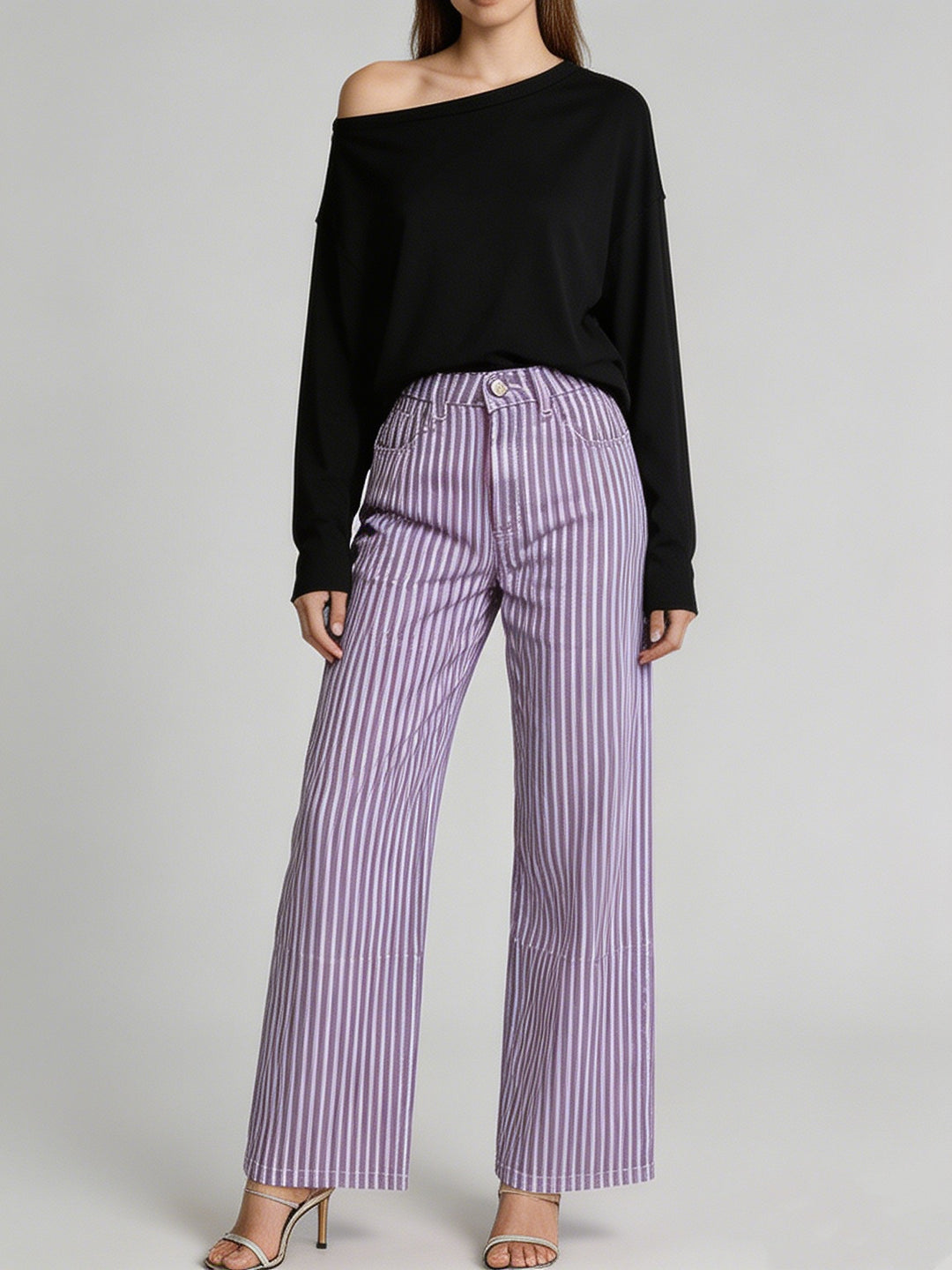 Ladies wide High-Waist Palazzo pants with vertical stripe design and quilted knee areas Mune Fashion
