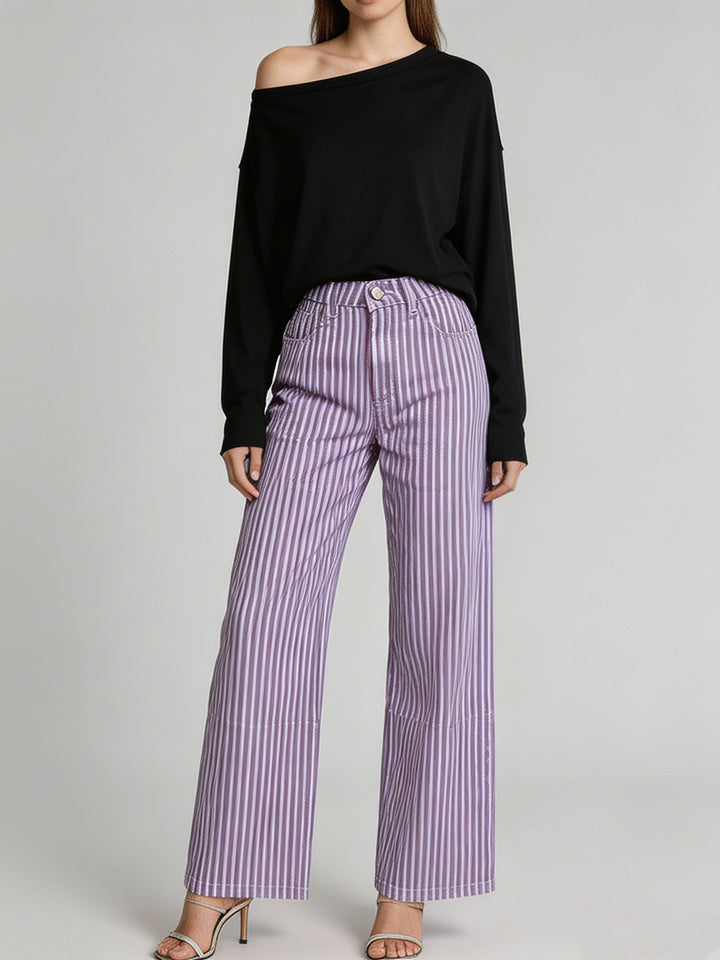 Ladies wide High-Waist Palazzo pants with vertical stripe design and quilted knee areas Mune Fashion