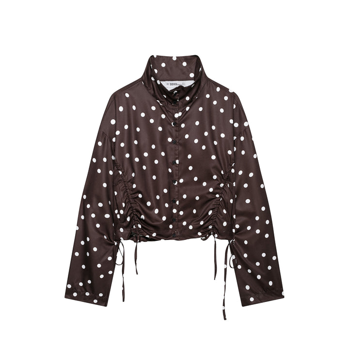 Women's Cropped Polka Dot Blouson Jacket with Standing Collar and Drawstring