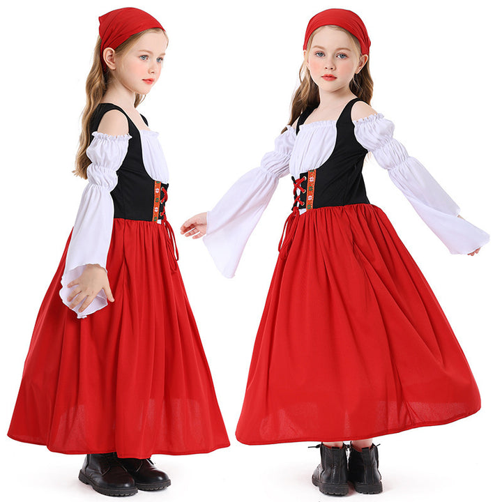 Ladies medieval girl costume with laced bodice and headscarf Mune Fashion