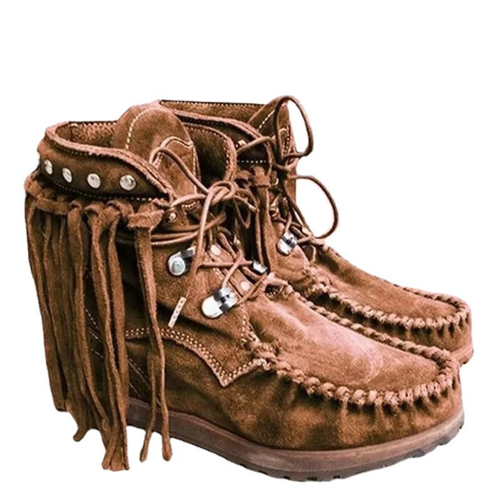 Women's Moccasin-Ankle Boot with Fringe, Lacing and Padded Comfort Footbed Mune Fashion