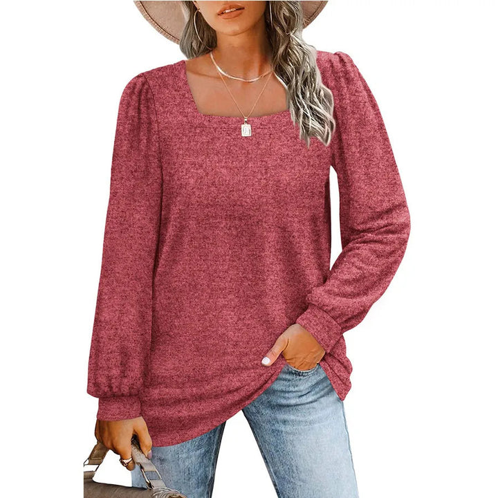 Women's relaxed fine-knit sweater with square neckline, puff shoulder, and cuffs
