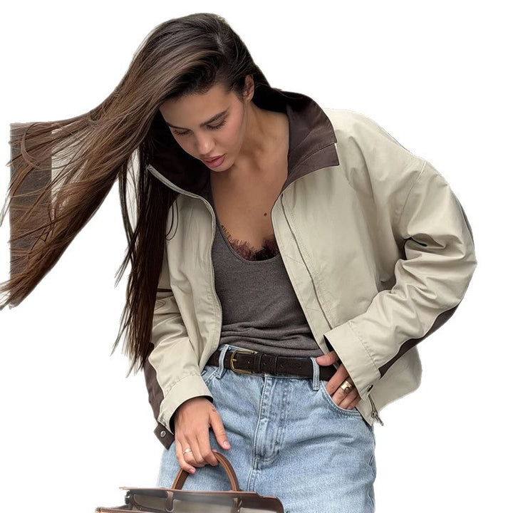 Women's Lightweight Bomber Jacket in Colorblock Style with High Stand-Up Collar Mune Fashion