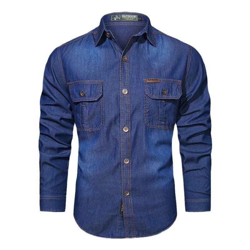Men's robust stretch denim shirt with reinforced flap chest pockets and contrast stitching