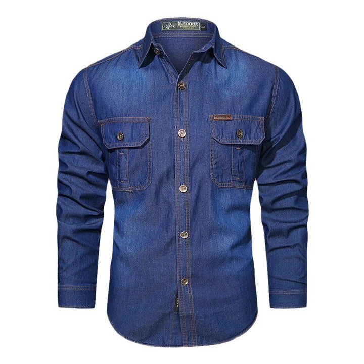 Men's robust stretch denim shirt with reinforced flap chest pockets and contrast stitching