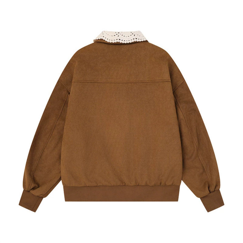Women's buttoned oversized sweat jacket with crocheted collar and star appliqués Mune Fashion