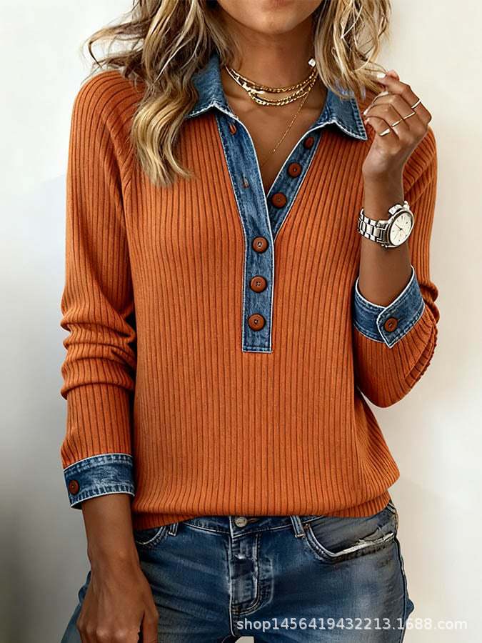 Women's knit sweater with denim collar and button placket Mune Fashion