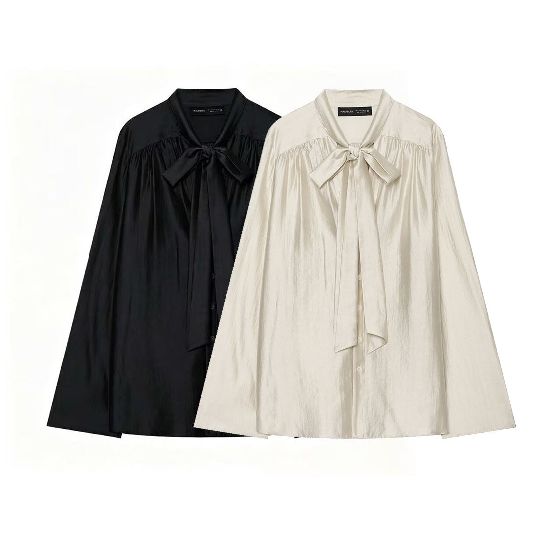 Women's Soft Sweater Blouse with Bow Collar, Gathered Insert and Loose Fit Mune Fashion