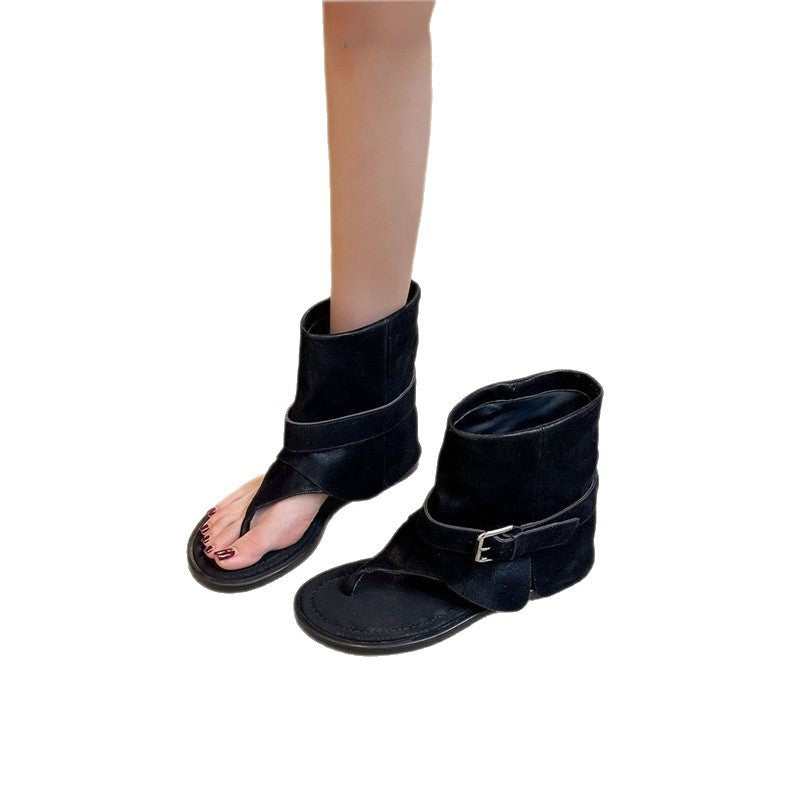 Women Open Sandals-Ankle Boots with Sock Collar and Buckle Straps Mune Fashion