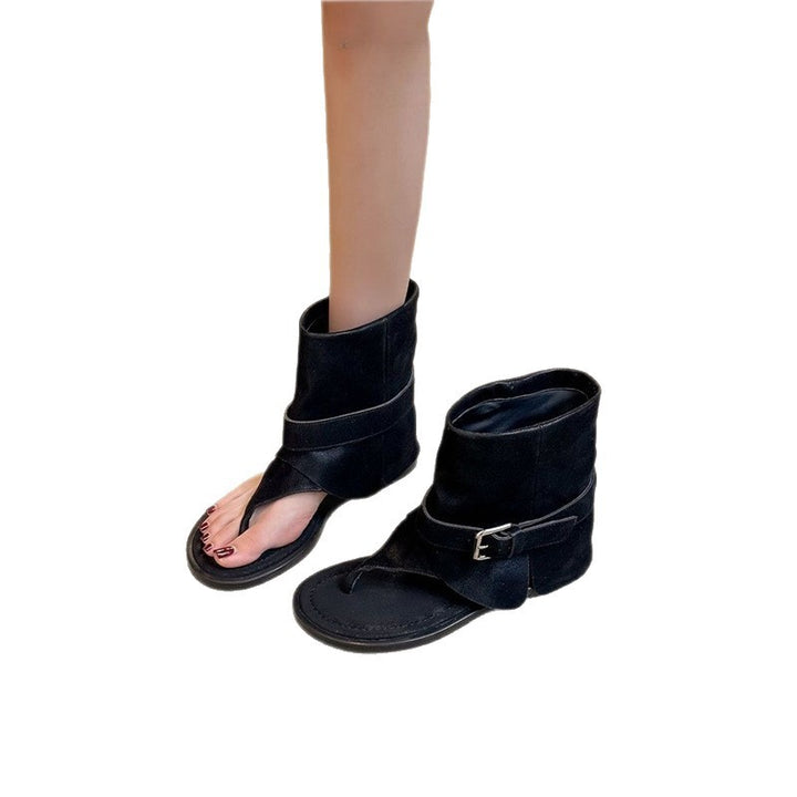 Women Open Sandals-Ankle Boots with Sock Collar and Buckle Straps Mune Fashion