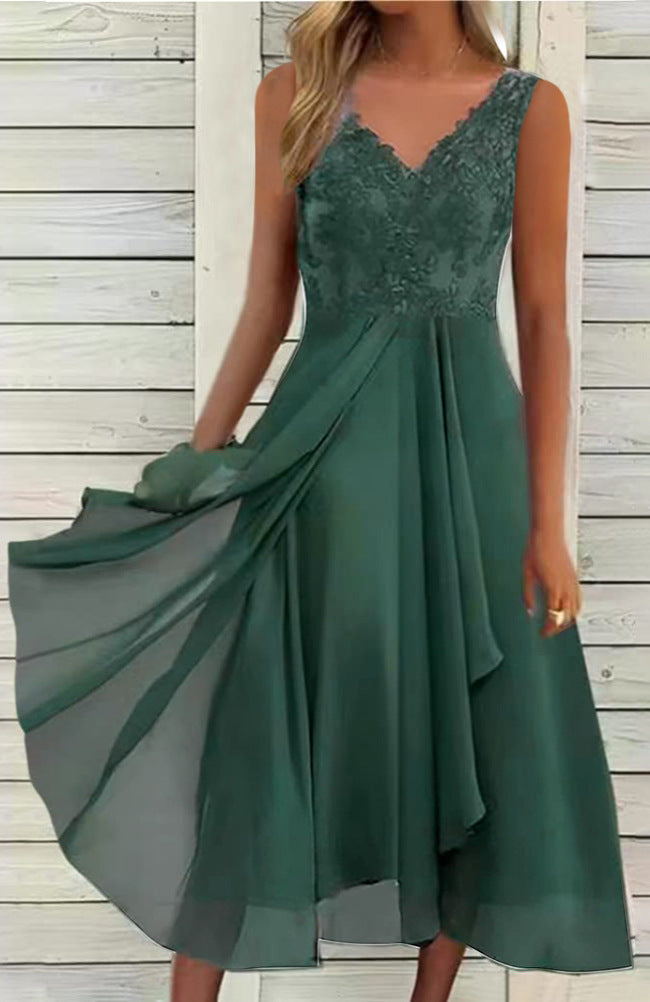 Women's elegant evening midi dress with embroidered lace bodice, tailored draping, and flowing layered skirt Mune Fashion