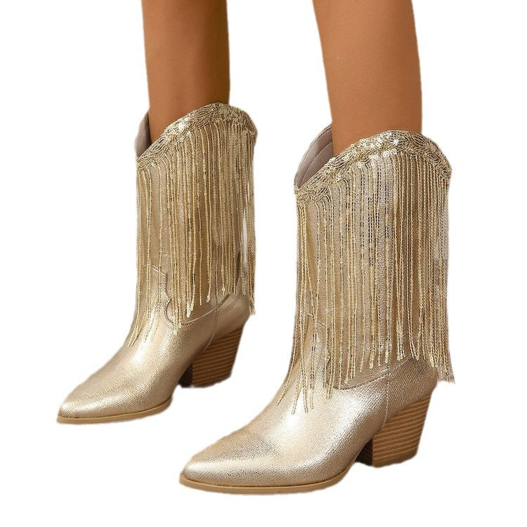 Women's knee-high fringe cowboy boots with fine beaded fringe decoration and sculpted block heel Mune Fashion