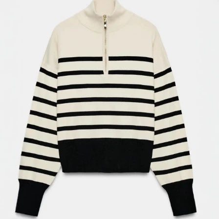 Women Striped Cropped Knit Sweater with Stand-up Collar and Voluminous Balloon Sleeves Mune Fashion