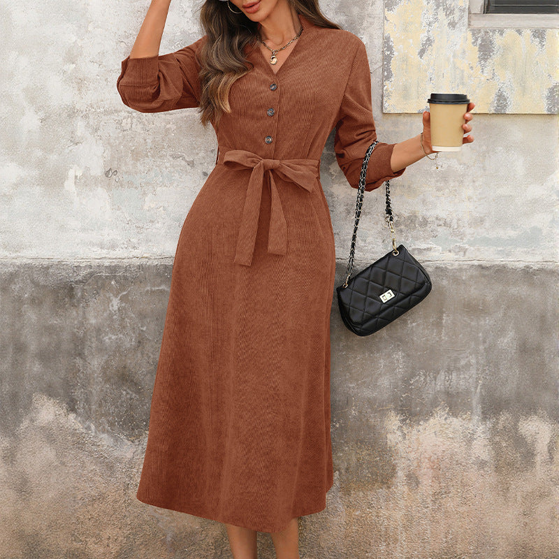 Women Midi Dress A-Line with V-Neck, Button Placket, Three-Quarter Sleeves and Waistband Mune Fashion