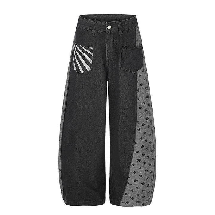 Women's Wide Denim Palazzo Pants with Contrast Sides, Star Print and Patch Pockets Mune Fashion