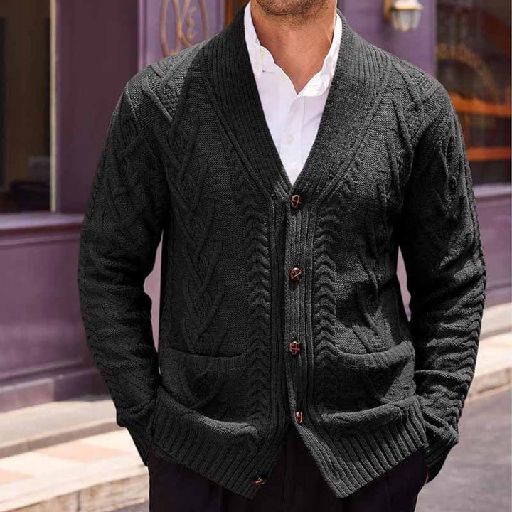 Men's cable knit cardigan with shawl collar and patch pockets Mune Fashion