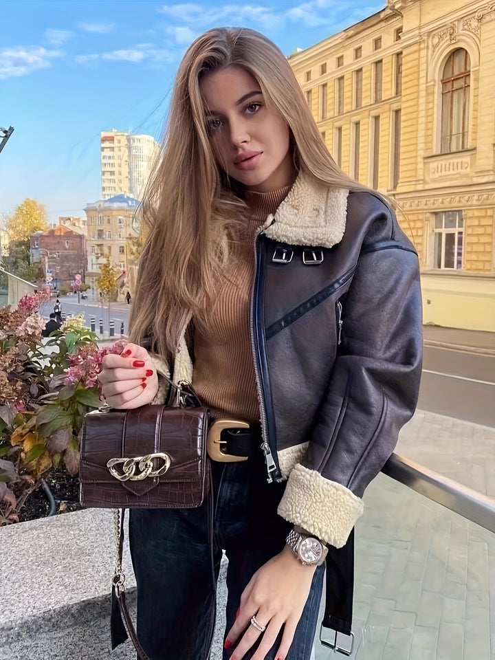 Women's trendy and stylish leather jacket with teddy lining