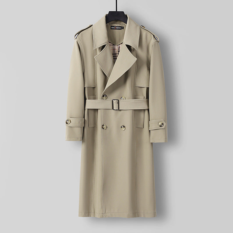 Men's Midi Length Double Breasted Trench Coat with Waist Belt, Notched Lapel and Checked Lining Mune Fashion