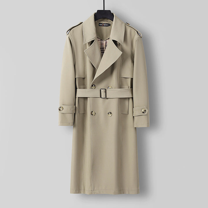 Men's Midi Length Double Breasted Trench Coat with Waist Belt, Notched Lapel and Checked Lining Mune Fashion