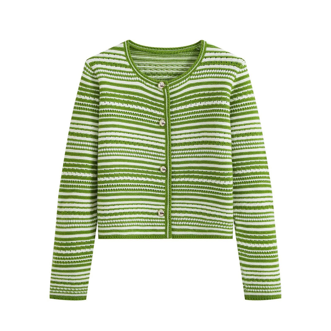 Women's Structured Stripe Fine Knit Cardigan with Decorative Buttons Mune Fashion