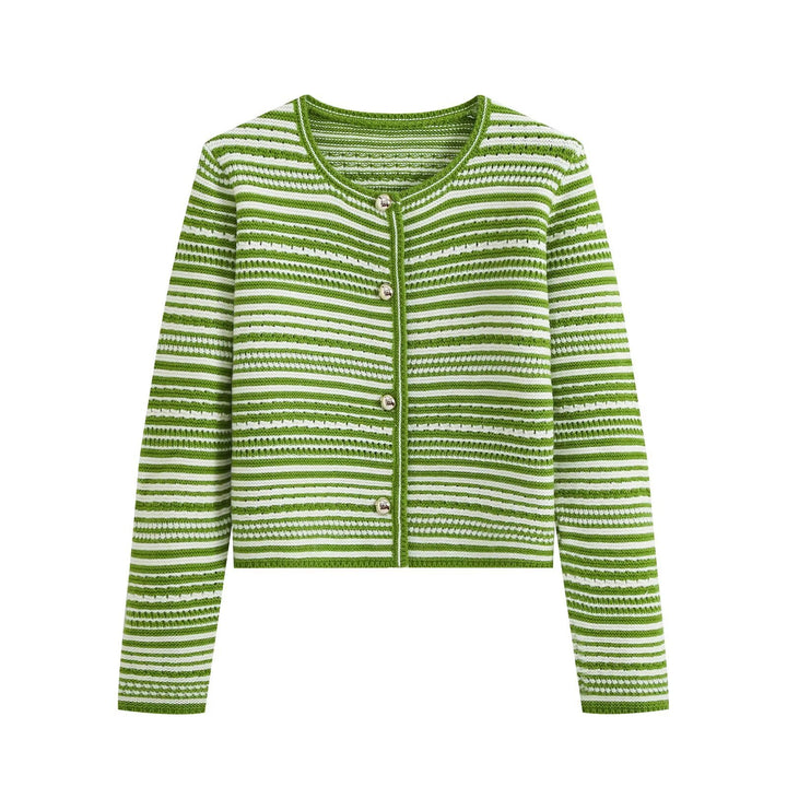 Women's Structured Stripe Fine Knit Cardigan with Decorative Buttons Mune Fashion