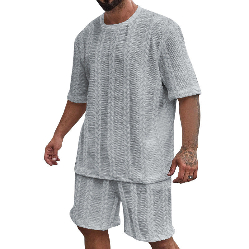 Men's relaxed braid-knit leisure set with wide short-sleeve shirt and elastic Bermuda Mune Fashion