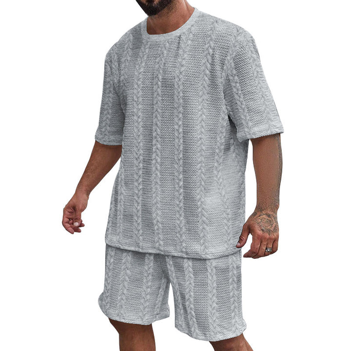 Men's relaxed braid-knit leisure set with wide short-sleeve shirt and elastic Bermuda Mune Fashion
