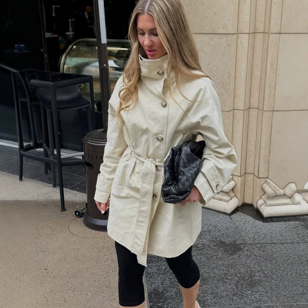 Women Short Wind and Transitional Coat with High Standing Collar and Tie Belt Mune Fashion