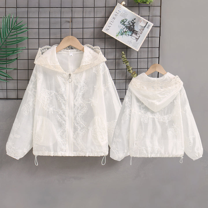 Women's transparent embroidered hoodie jacket with zipper and drawstring Mune Fashion