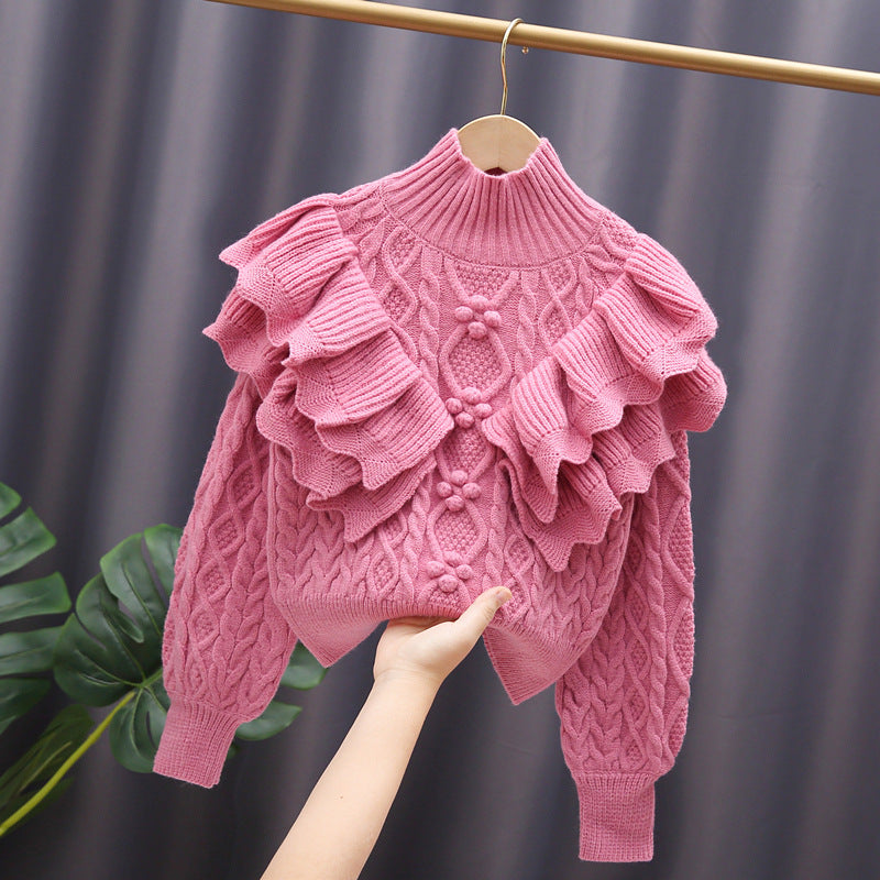 Women's Knit Sweater with Ruffles and Cable Pattern Mune Fashion