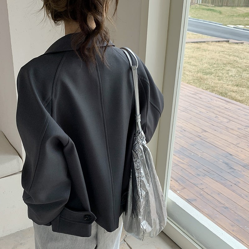 Women's Oversized Short Jacket with Dropped Shoulders and Large Button Placket Mune Fashion