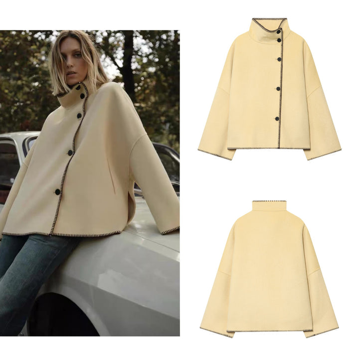 Women's cape coat with stand-up collar, asymmetric button placket and decorative seam Mune Fashion