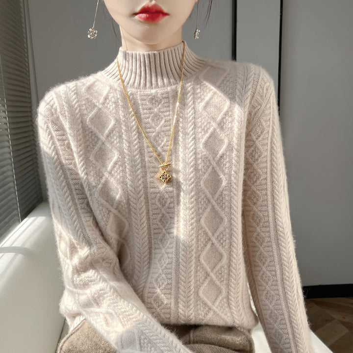 Women Cozy Mohair-Optic Mock Neck Sweater with Diamond Cable Structure and Boxy Silhouette Mune Fashion