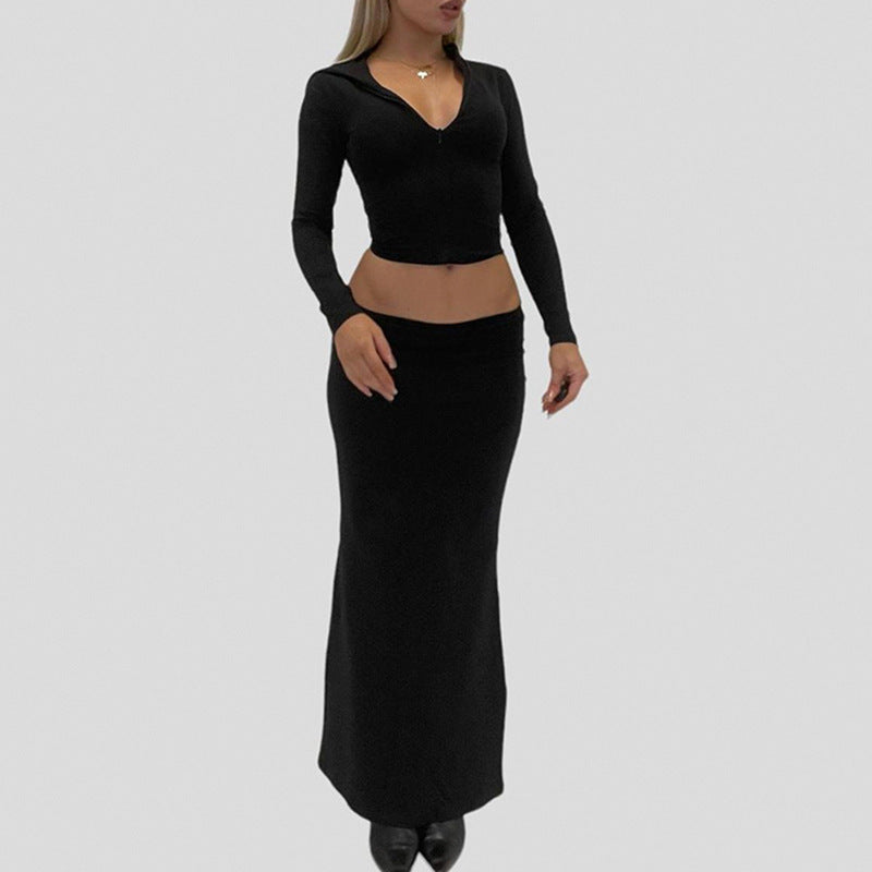 Women's Two-Piece Midriff Set made of Stretch Jersey with V-Neck Crop Top and Waist-Defining Maxi Skirt Mune Fashion